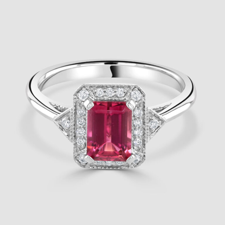 18ct Rubellite and white gold diamond cluster ring