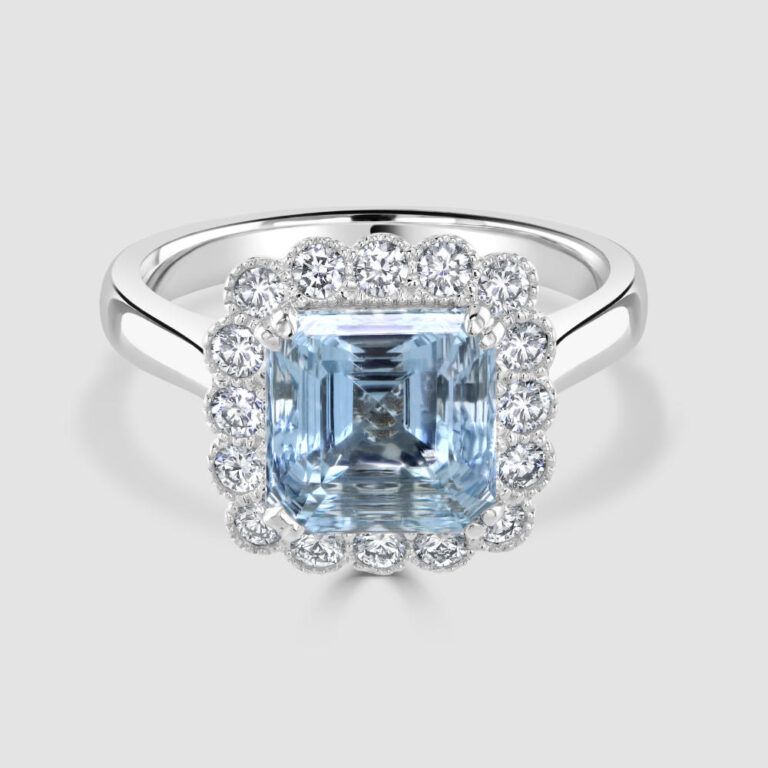 Aquamarine and diamond 18ct white gold square step cut ring