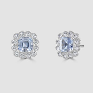 Aquamarine and diamond 18ct white gold square step cut earrings