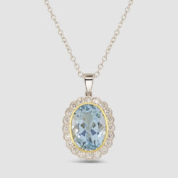 18ct yellow and white gold aquamarine and diamond cluster pendant and chain