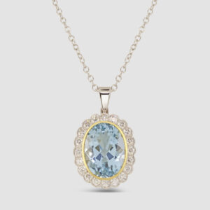 18ct yellow and white gold aquamarine and diamond cluster pendant and chain