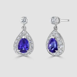 18ct white gold tanzanite and diamond cluster drop earrings