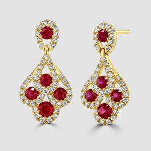 Ruby and diamond peacock design drop earrings in 18ct yellow gold