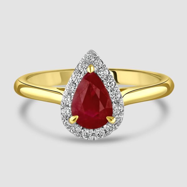Ruby and diamond pear shape cluster ring