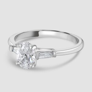 Oval cut laboratory diamond ring with baguette cut diamonds