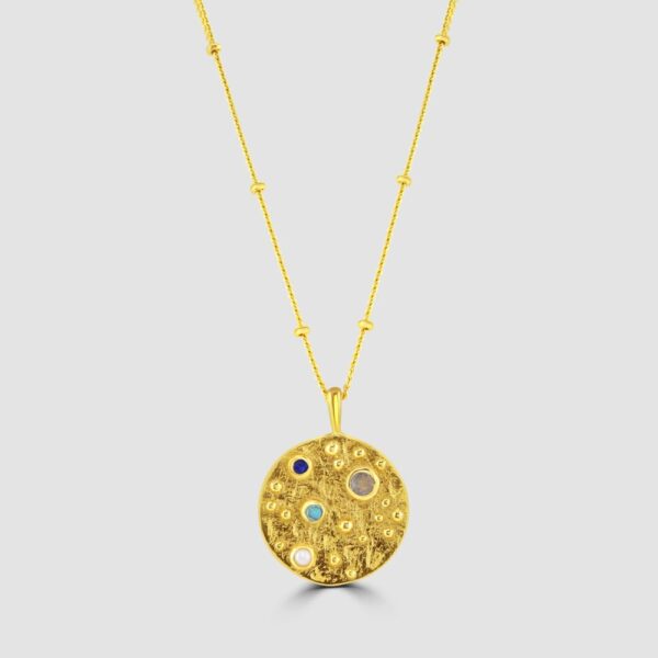 Silver, gold plated stone set disc pendant and chain
