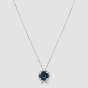 Unusual sapphire and diamond circular pendant and chain