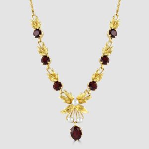 Garnet and pearl necklet with foliage detail
