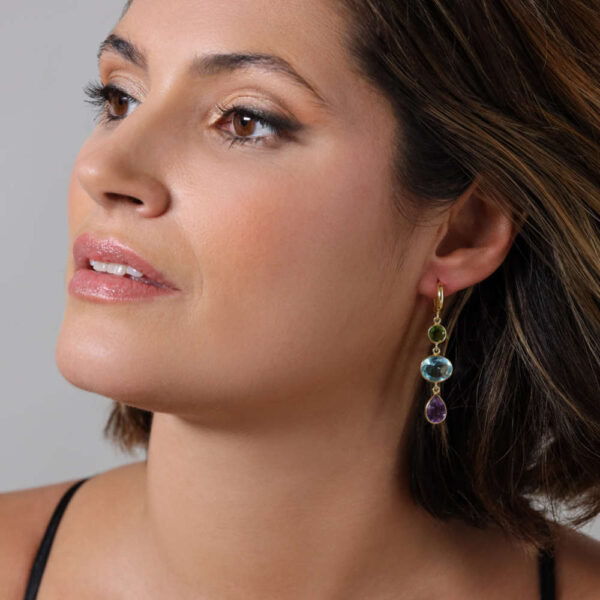 Silver, gold plated, amethyst, peridot and blue topaz drop earrings