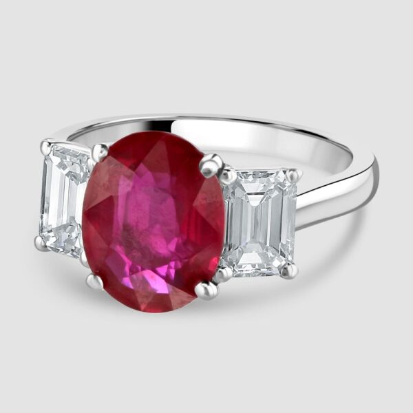 Natural unheated ruby and diamond three stone ring