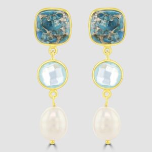 Silver, gold plated turquoise, blue topaz and pearl drop earrings