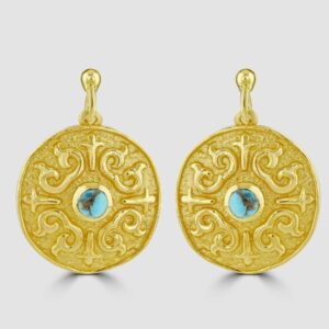 Silver, gold plated circular disc drop earrings